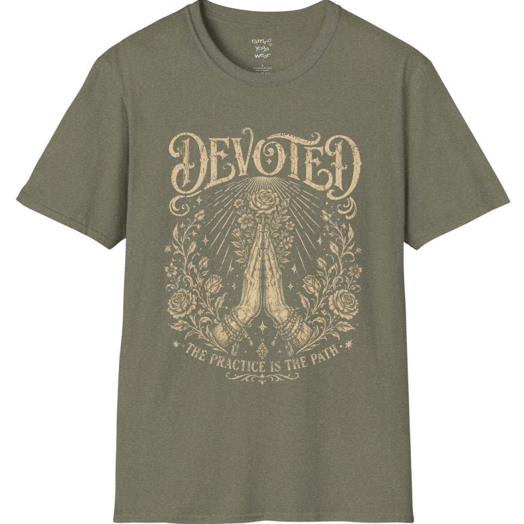 Heather Military Green Devoted T-Shirt with detailed engraved spiritual artwork inspired by mysticism, devotion, and mindful living.