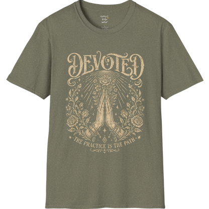 Heather Military Green Devoted T-Shirt with detailed engraved spiritual artwork inspired by mysticism, devotion, and mindful living.
