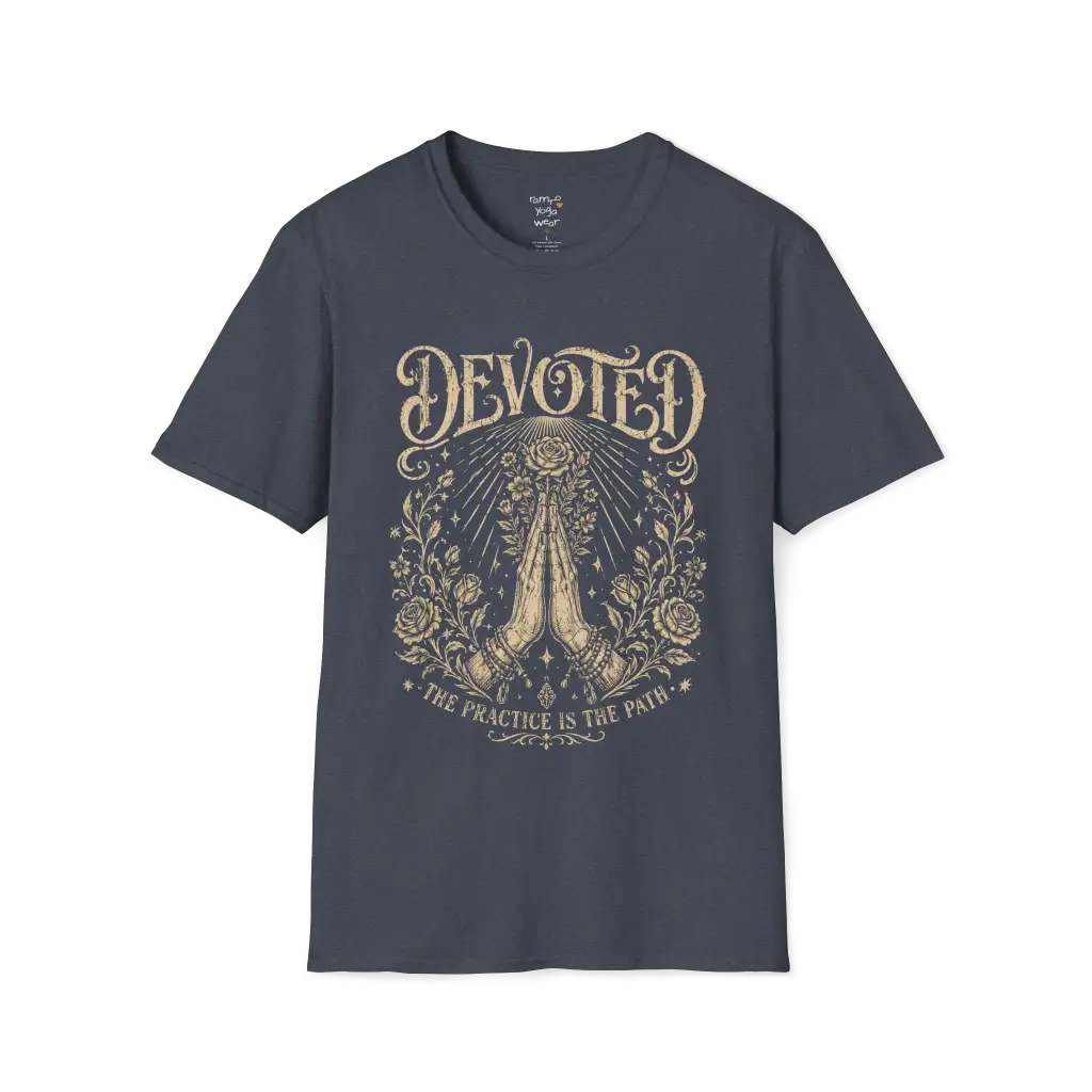 Heather Navy Devoted T-Shirt featuring sacred vintage-inspired etched artwork with celestial and mystical detailing.