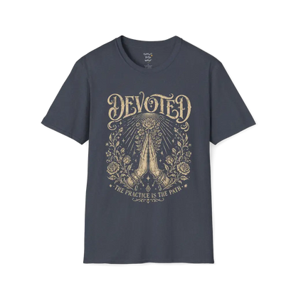 Heather Navy Devoted T-Shirt featuring sacred vintage-inspired etched artwork with celestial and mystical detailing.