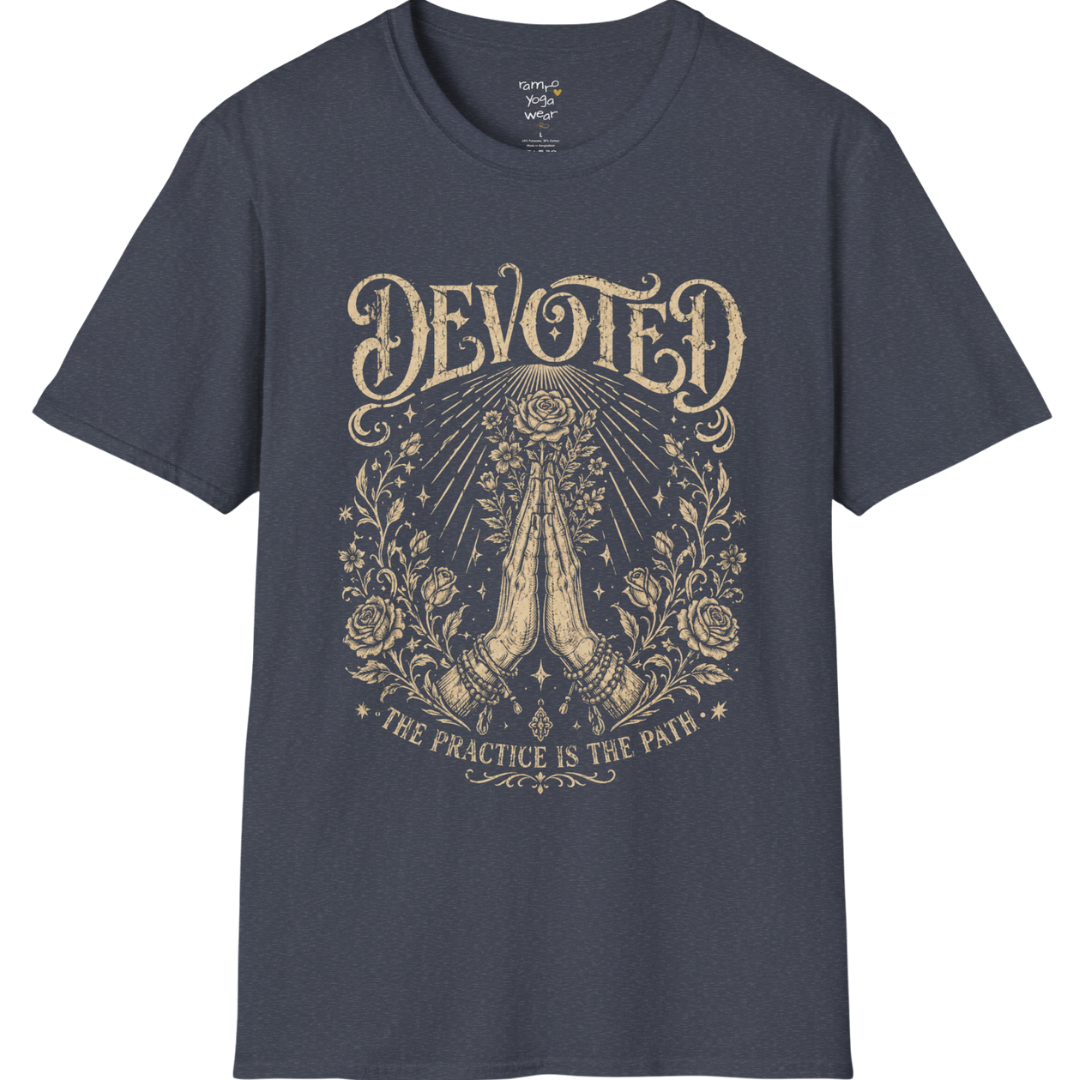 Heather Navy Devoted T-Shirt featuring sacred vintage-inspired etched artwork with celestial and mystical detailing.