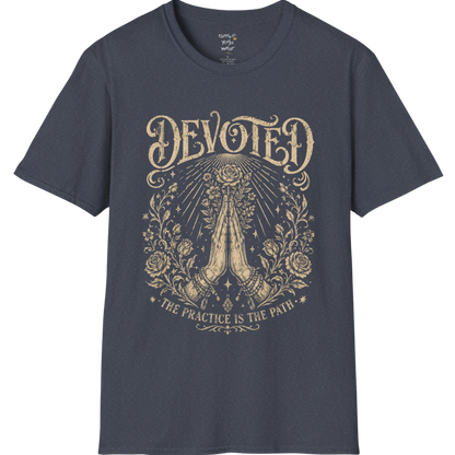 Heather Navy Devoted T-Shirt featuring sacred vintage-inspired etched artwork with celestial and mystical detailing.