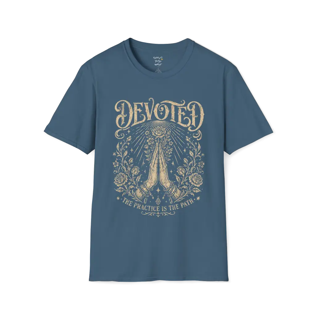 Indigo Blue Devoted T-Shirt featuring detailed engraved-style mystical artwork with a soft vintage spiritual aesthetic.