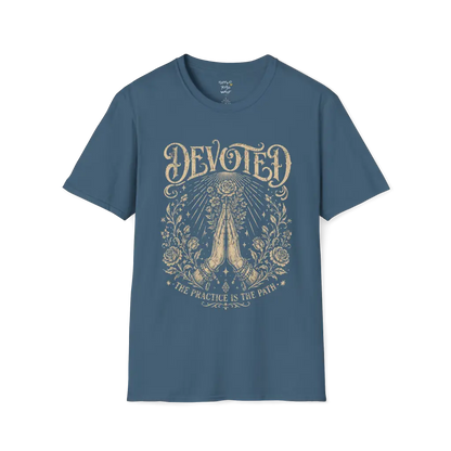 Indigo Blue Devoted T-Shirt featuring detailed engraved-style mystical artwork with a soft vintage spiritual aesthetic.
