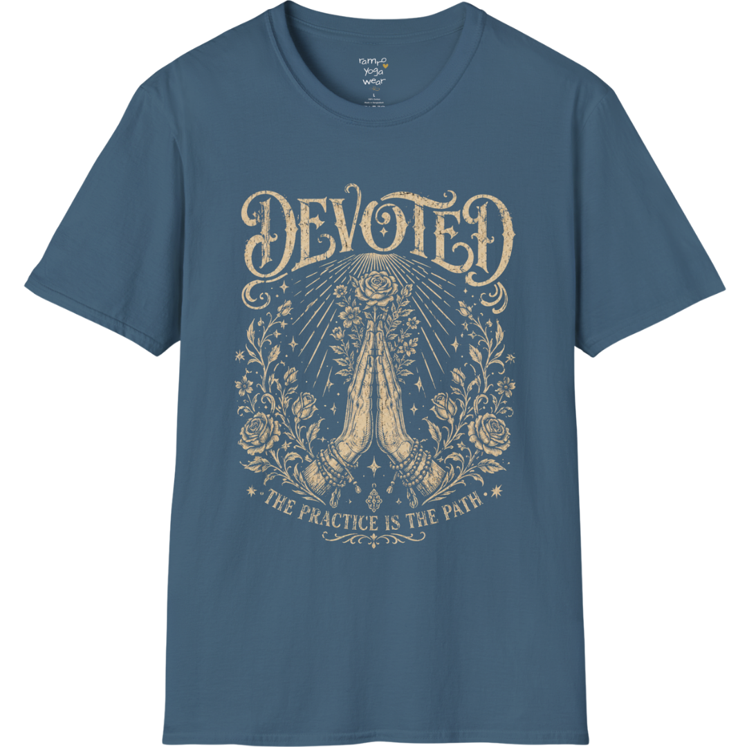 Indigo Blue Devoted T-Shirt featuring detailed engraved-style mystical artwork with a soft vintage spiritual aesthetic.
