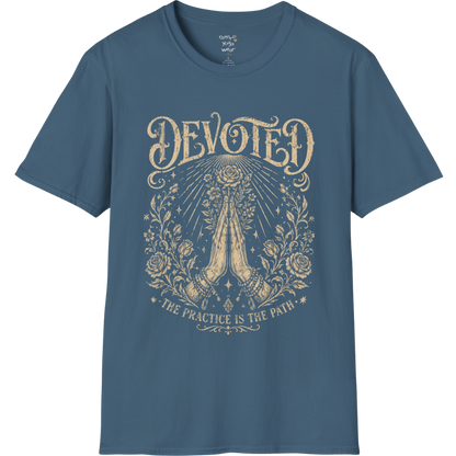 Indigo Blue Devoted T-Shirt featuring detailed engraved-style mystical artwork with a soft vintage spiritual aesthetic.