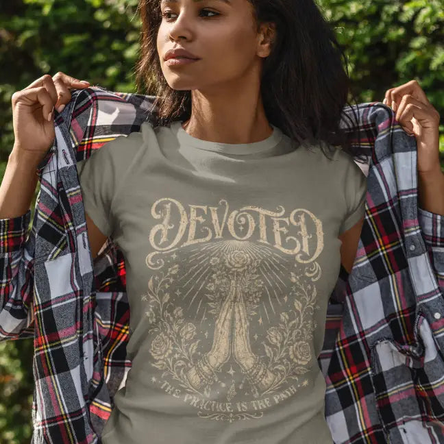 Ramro Yoga Wear Devoted tee in Heather Military Green — the practice is the path devotional design, outdoor garden lifestyle shot