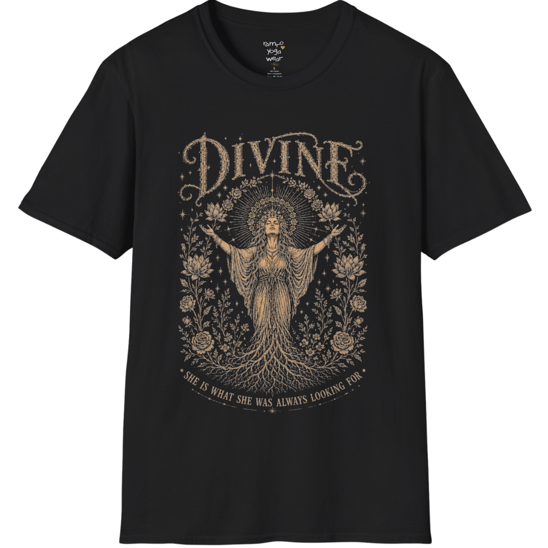 Divine dark sacred yoga shirt in black — goddess with sacred halo and roses engraving design — Sacred Thread collection by Ramro Yoga Wear