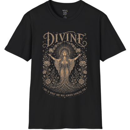 Divine dark sacred yoga shirt in black — goddess with sacred halo and roses engraving design — Sacred Thread collection by Ramro Yoga Wear