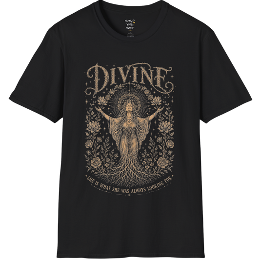 Divine dark sacred yoga shirt in black — goddess with sacred halo and roses engraving design — Sacred Thread collection by Ramro Yoga Wear