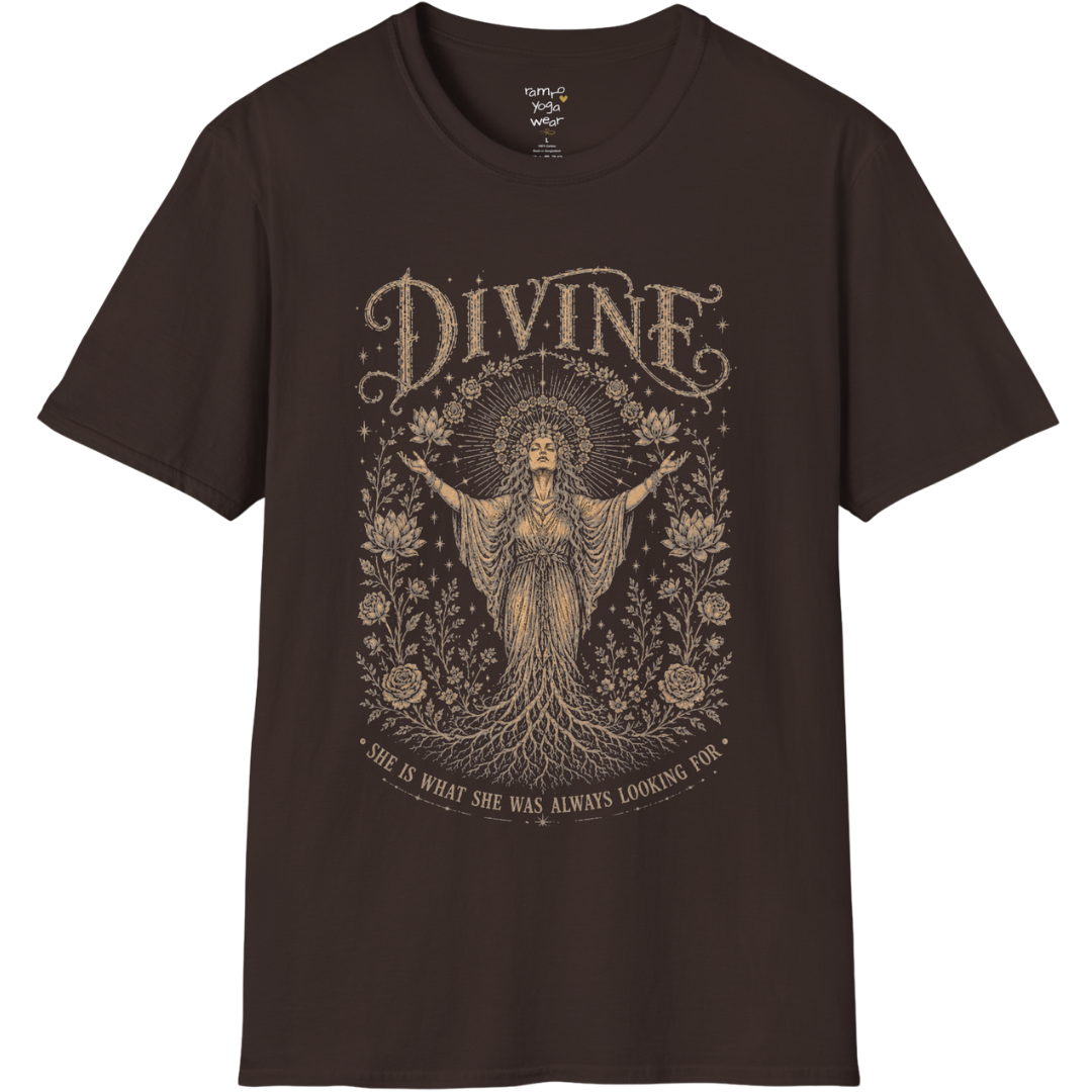 Divine dark sacred yoga shirt in dark chocolate — goddess with sacred halo and roses engraving design — Sacred Thread collection by Ramro Yoga Wear