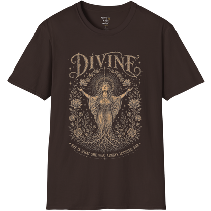 Divine dark sacred yoga shirt in dark chocolate — goddess with sacred halo and roses engraving design — Sacred Thread collection by Ramro Yoga Wear