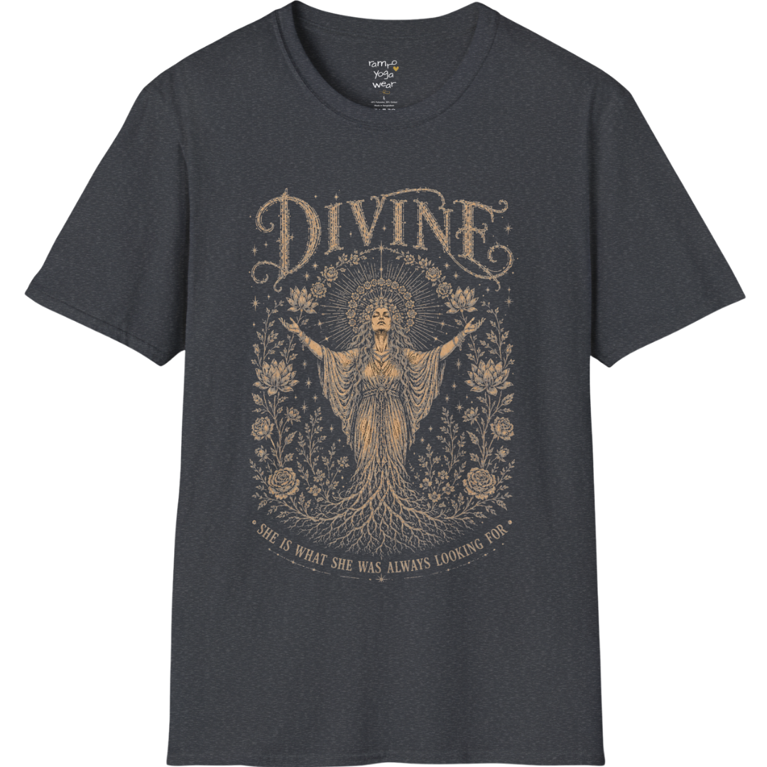 Divine dark sacred yoga shirt in dark heather grey — goddess with sacred halo and roses engraving design — Sacred Thread collection by Ramro Yoga Wear