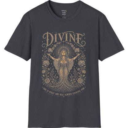 Divine dark sacred yoga shirt in dark heather grey — goddess with sacred halo and roses engraving design — Sacred Thread collection by Ramro Yoga Wear