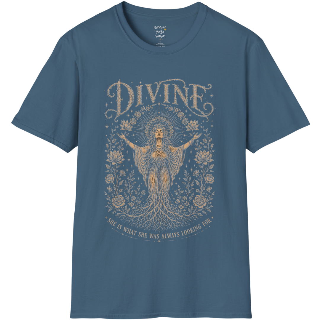 Divine dark sacred yoga shirt in indigo blue — goddess with sacred halo and roses engraving design — Sacred Thread collection by Ramro Yoga Wear