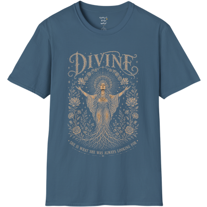 Divine dark sacred yoga shirt in indigo blue — goddess with sacred halo and roses engraving design — Sacred Thread collection by Ramro Yoga Wear