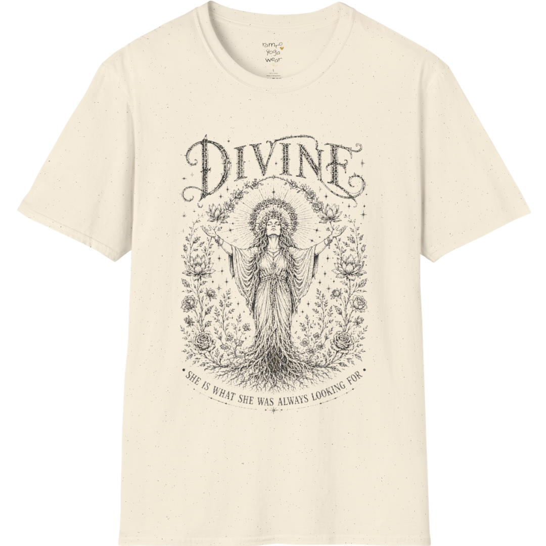 Divine sacred yoga shirt in natural — goddess with sacred halo and roses engraving design — Sacred Thread collection by Ramro Yoga Wear
