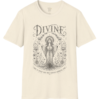 Divine sacred yoga shirt in natural — goddess with sacred halo and roses engraving design — Sacred Thread collection by Ramro Yoga Wear