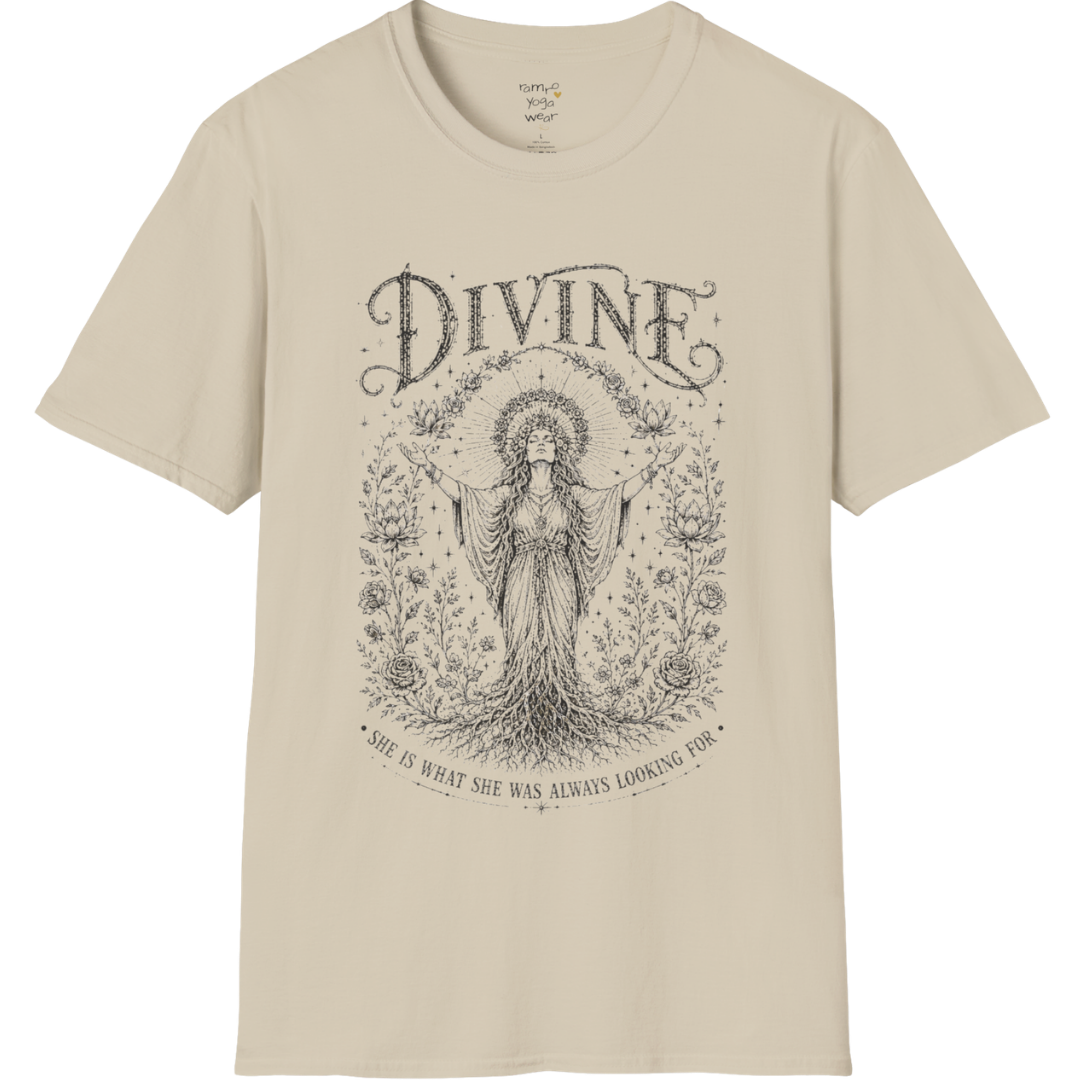 Divine sacred yoga shirt in sand — goddess with sacred halo and roses engraving design — Sacred Thread collection by Ramro Yoga Wear