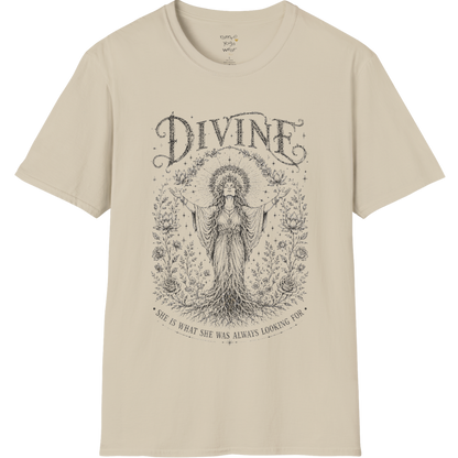 Divine sacred yoga shirt in sand — goddess with sacred halo and roses engraving design — Sacred Thread collection by Ramro Yoga Wear