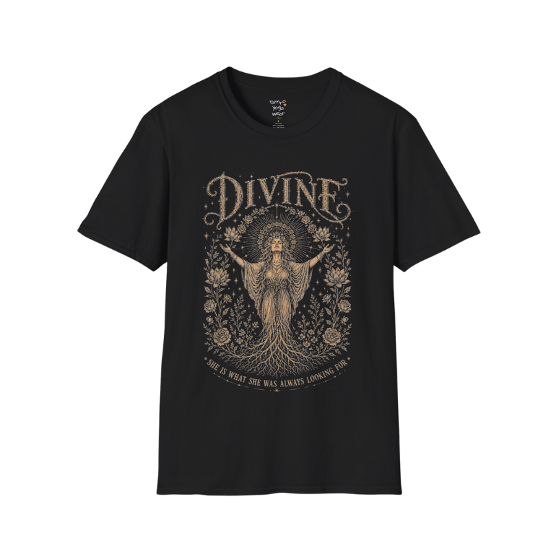 Divine dark sacred yoga shirt in black — goddess with sacred halo and roses engraving design — Sacred Thread collection by Ramro Yoga Wear