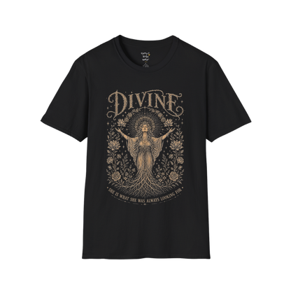 Divine dark sacred yoga shirt in black — goddess with sacred halo and roses engraving design — Sacred Thread collection by Ramro Yoga Wear
