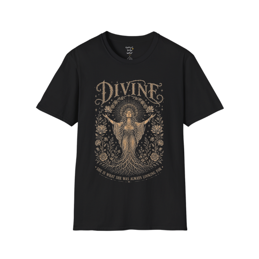 Divine dark sacred yoga shirt in black — goddess with sacred halo and roses engraving design — Sacred Thread collection by Ramro Yoga Wear