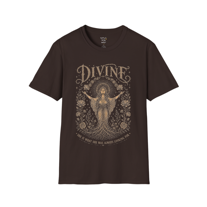Divine dark sacred yoga shirt in dark chocolate — goddess with sacred halo and roses engraving design — Sacred Thread collection by Ramro Yoga Wear