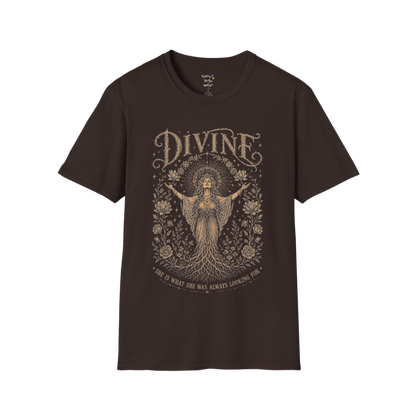Divine dark sacred yoga shirt in dark chocolate — goddess with sacred halo and roses engraving design — Sacred Thread collection by Ramro Yoga Wear