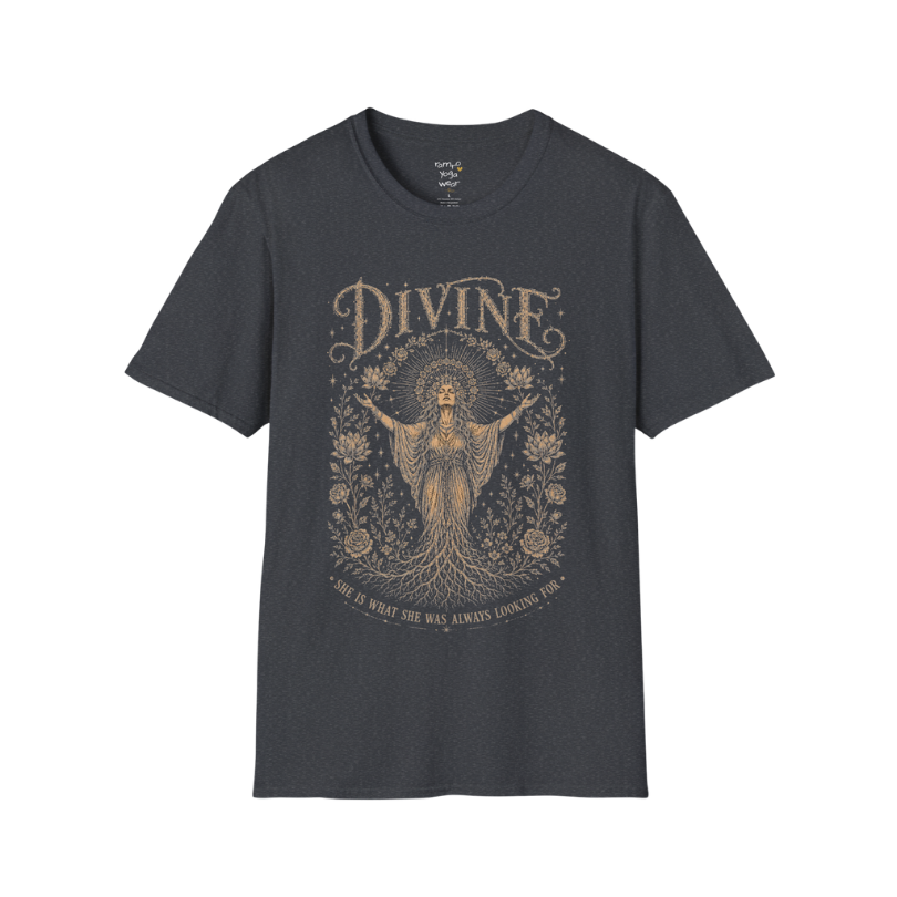 Divine dark sacred yoga shirt in dark heather grey — goddess with sacred halo and roses engraving design — Sacred Thread collection by Ramro Yoga Wear