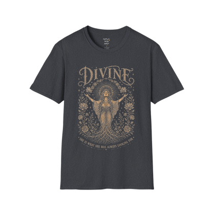 Divine dark sacred yoga shirt in dark heather grey — goddess with sacred halo and roses engraving design — Sacred Thread collection by Ramro Yoga Wear