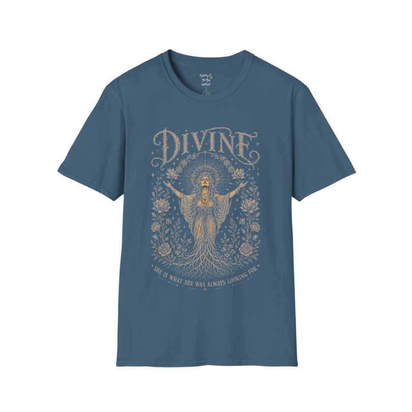 Divine dark sacred yoga shirt in indigo blue — goddess with sacred halo and roses engraving design — Sacred Thread collection by Ramro Yoga Wear
