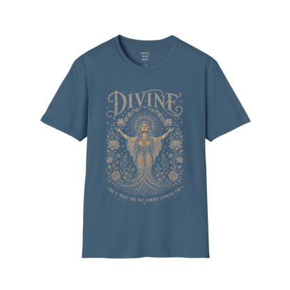 Divine dark sacred yoga shirt in indigo blue — goddess with sacred halo and roses engraving design — Sacred Thread collection by Ramro Yoga Wear