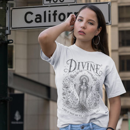 Woman wearing Divine white sacred yoga shirt on California street corner — Sacred Thread collection by Ramro Yoga Wear