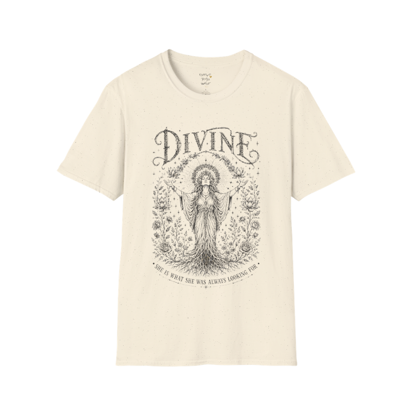Divine sacred yoga shirt in natural — goddess with sacred halo and roses engraving design — Sacred Thread collection by Ramro Yoga Wear