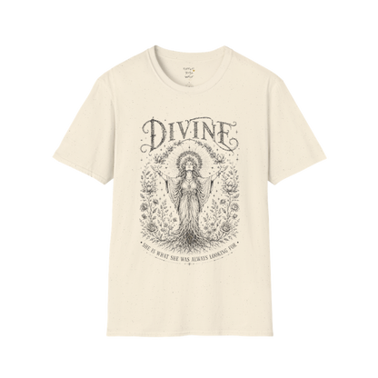 Divine sacred yoga shirt in natural — goddess with sacred halo and roses engraving design — Sacred Thread collection by Ramro Yoga Wear