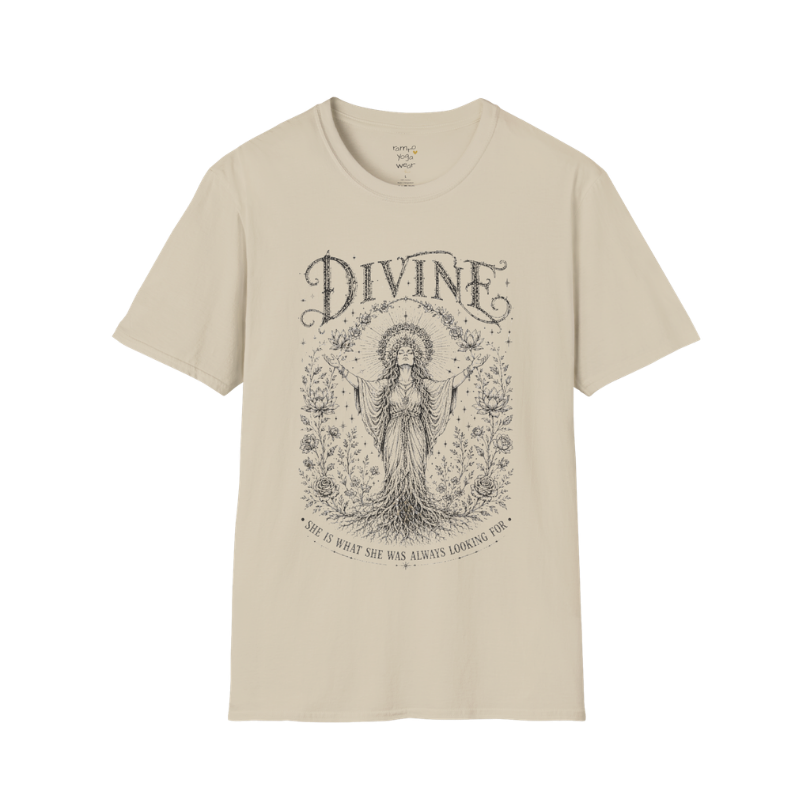 Divine sacred yoga shirt in sand — goddess with sacred halo and roses engraving design — Sacred Thread collection by Ramro Yoga Wear