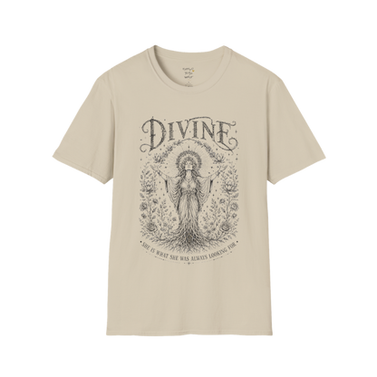 Divine sacred yoga shirt in sand — goddess with sacred halo and roses engraving design — Sacred Thread collection by Ramro Yoga Wear