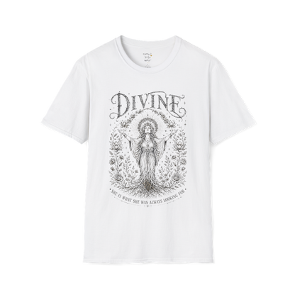 Divine sacred yoga shirt in white — goddess with sacred halo and roses engraving design — Sacred Thread collection by Ramro Yoga Wear
