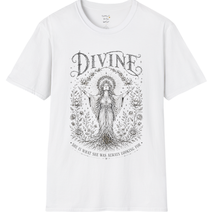 Divine sacred yoga shirt in white — goddess with sacred halo and roses engraving design — Sacred Thread collection by Ramro Yoga Wear