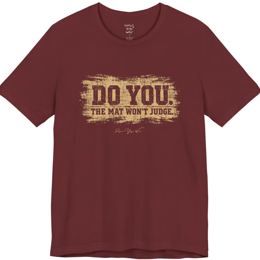 A short sleeved grunge tee, smudged  paint background with bold typography reading "Do You. The Mat Won't Judge." — Funny Yoga Shirts collection by Ramro Yoga Wear in Heather Cardinal
