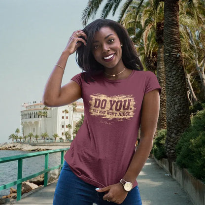 Person wearing Do You tee in Heather Cardinal color, sacred yoga shirt outdoors with palm trees — Funny Yoga Shirts collection by Ramro Yoga Wear