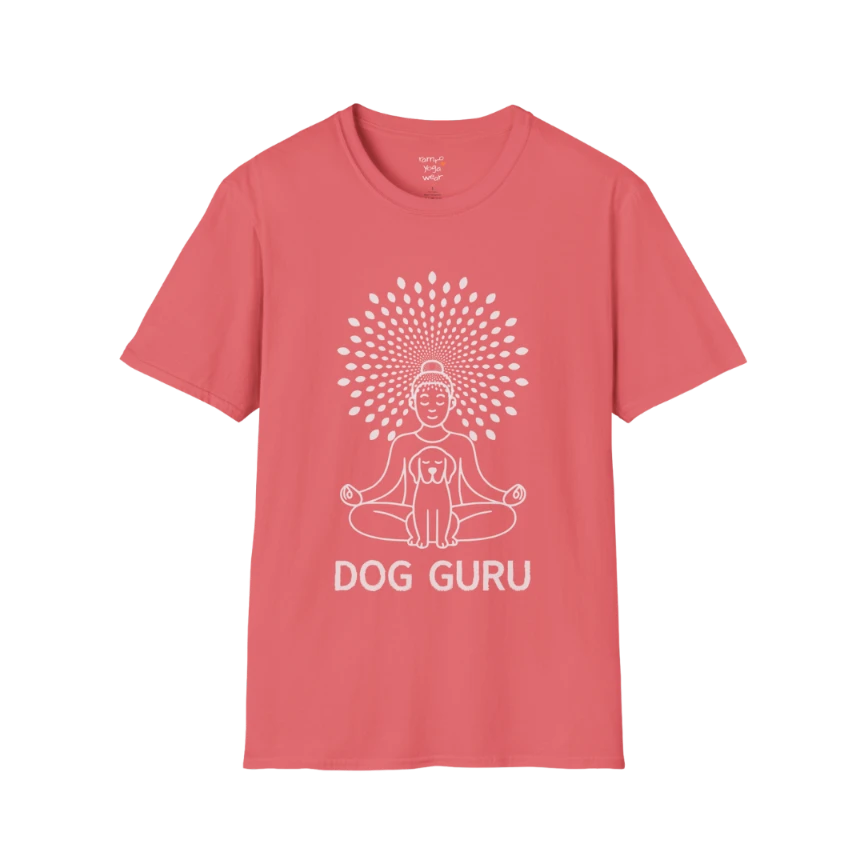 Dog Guru T-Shirt in Coral Silk featuring meditating yoga figure with dog illustration and calming spiritual artwork.