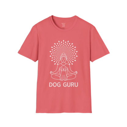 Dog Guru T-Shirt in Coral Silk featuring meditating yoga figure with dog illustration and calming spiritual artwork.