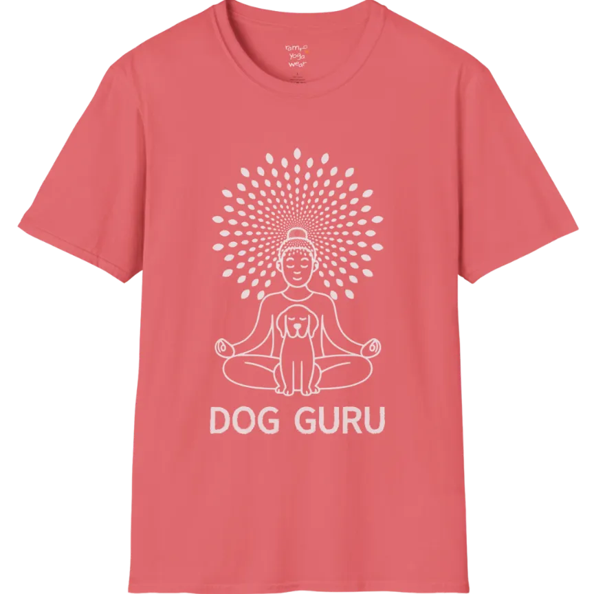 Meditating dog figure in lotus pose with mandala sunburst halo, “Dog Guru” design — The Vault collection by Ramro Yoga Wear — Coral Silk