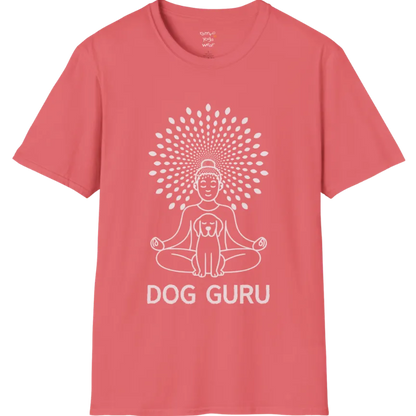 Meditating dog figure in lotus pose with mandala sunburst halo, “Dog Guru” design — The Vault collection by Ramro Yoga Wear — Coral Silk