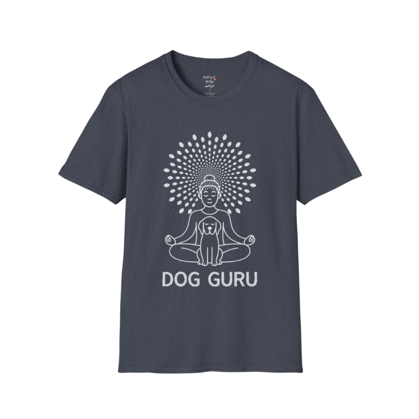 Dog Guru T-Shirt in Heather Navy with mindful yoga dog graphic and peaceful meditative design.