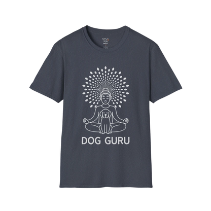 Dog Guru T-Shirt in Heather Navy with mindful yoga dog graphic and peaceful meditative design.