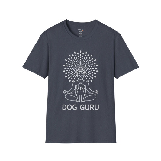 Dog Guru T-Shirt in Heather Navy with mindful yoga dog graphic and peaceful meditative design.