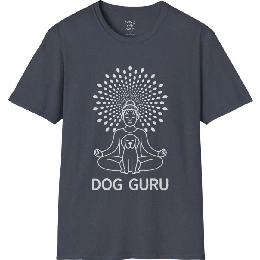 Meditating dog figure in lotus pose with mandala sunburst halo, “Dog Guru” design — The Vault collection by Ramro Yoga Wear — Heather Navy